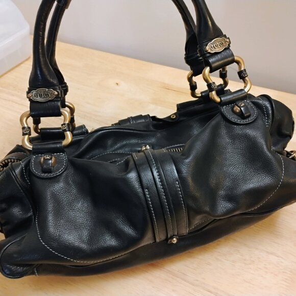 Juicy Couture BLACK LEATHER satchel Logo legacy Bag purse  ICONIC - Picture 5 of 13